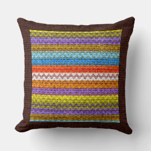 Coussin Bordure de Burlap moderne de couleur rétro Chevron