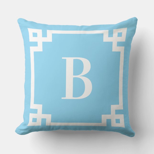 Coussin Bordure de clé grecque bleu clair et blanc avec mo (Recto)
