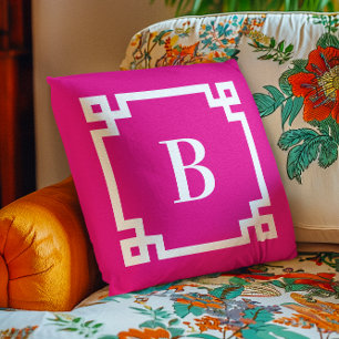 Coussin Bordure de clé grecque rose chaud Monogramme