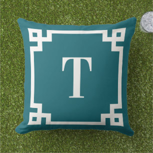 Coussin Bordure de clé grecque sarcelle foncé et blanc ave