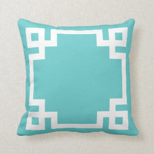 Coussin Bordure de clé grecque Turquoise et blanche