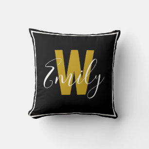 Coussin Bordure de monogramme d'or noir moderne