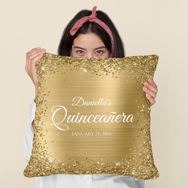 Coussin Bordure de paillettes dorées et foil pour Quinceañ (Birthday Gift for Your Daughter)