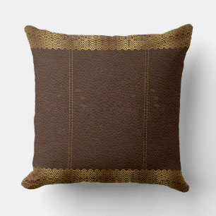 Coussin Bordure géométrique en cuir Brown et en or