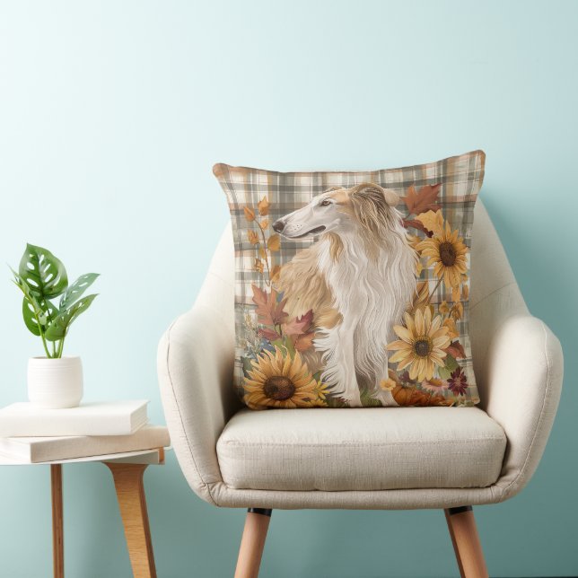 Coussin Borzoï Chien Automne Aquarelle Fleurs (Chaise)