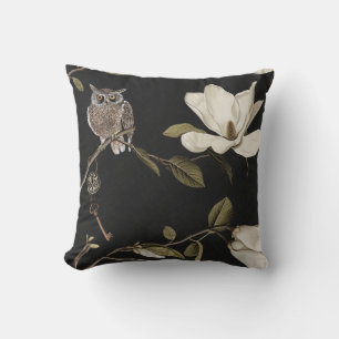 Coussin Bosquet de magnolias avec hiboux 02 Noir Blanc Oli