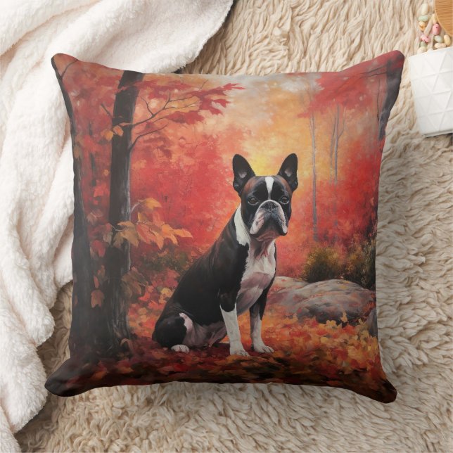 Coussin Boston Terrier à l'automne Leaves automne Inspire (Couverture)