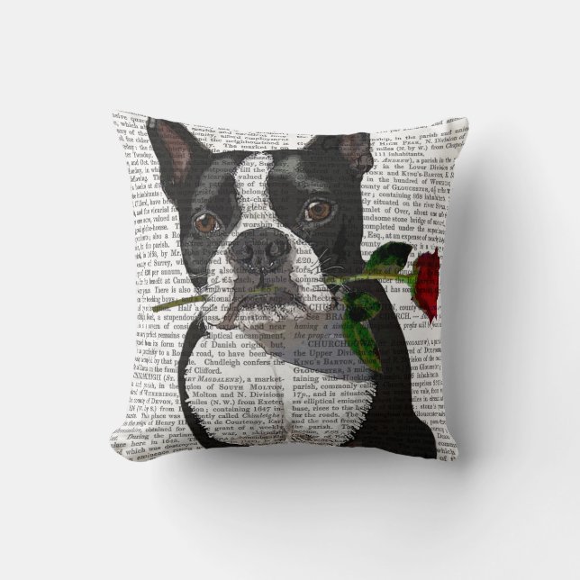 Coussin Boston Terrier avec Rose dans la bouche (Recto)