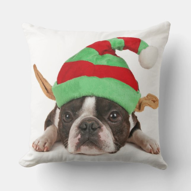 Coussin Boston Terrier avec un casquette de Noël (Recto)