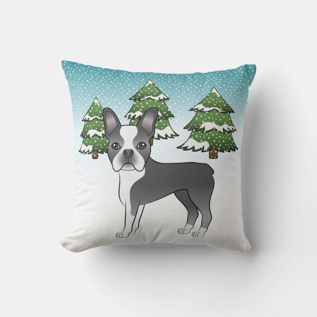 Coussin Boston Terrier bleu et blanc dans une forêt hivern (Recto)
