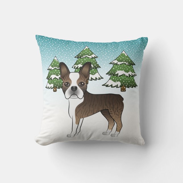 Coussin Boston Terrier bringé dans une forêt hivernale (Recto)