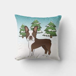 Coussin Boston Terrier Brun Chocolat Dans Une Forêt D'Hive