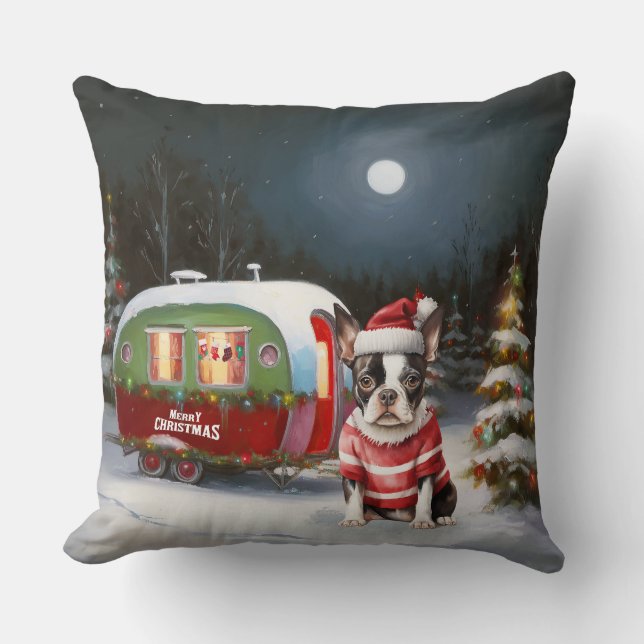 Coussin Boston Terrier Caravan Christmas Adventure (Recto)