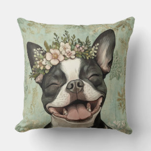 Coussin Boston Terrier Chien Green Floral