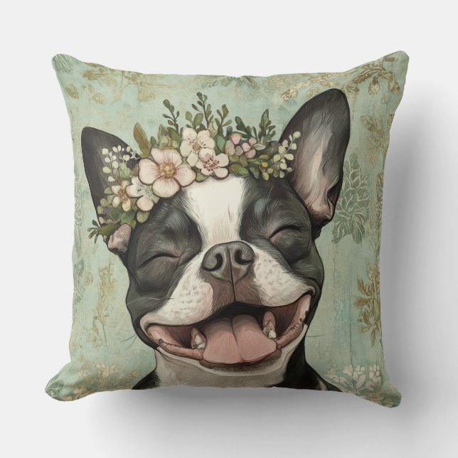 Coussin Boston Terrier Chien Green Floral (Recto)