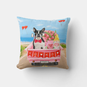 Coussin Boston Terrier Chien Valentine's Day Truck Hearts