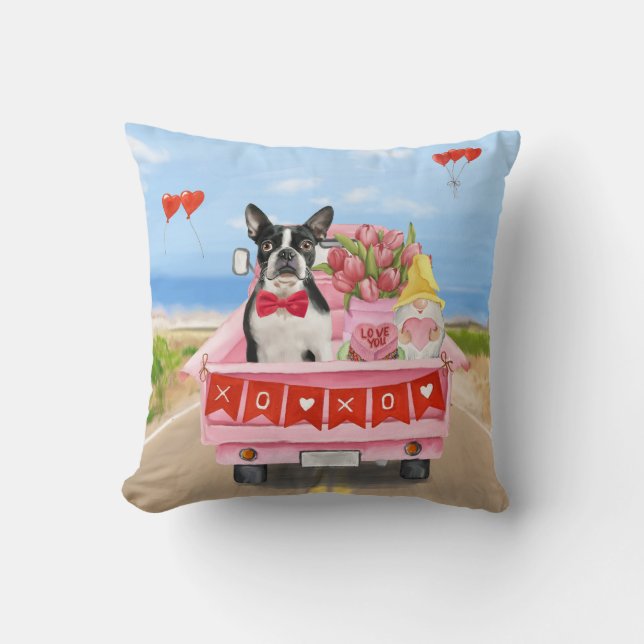 Coussin Boston Terrier Chien Valentine's Day Truck Hearts (Recto)