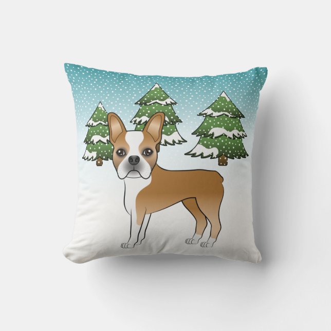 Coussin Boston Terrier Fauve Et Blanc Dans Une Forêt D'Hiv (Recto)
