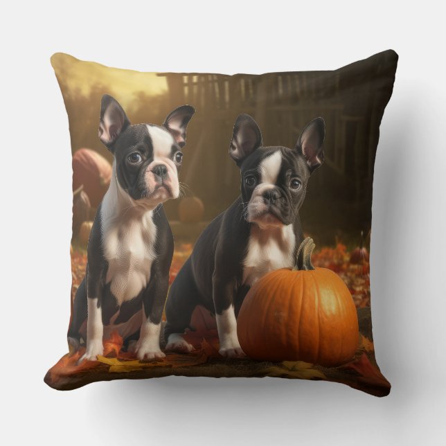 Coussin Boston Terrier Puppy Automne Citrouille de plaisir (Recto)