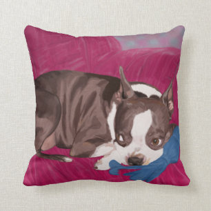 Coussin Boston Terrier se reposant sur le divan rouge -