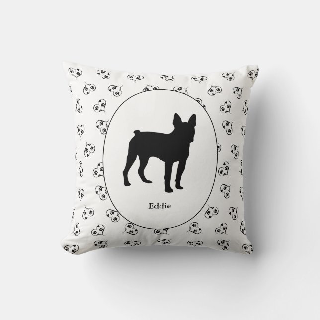 Coussin Boston Terrier Silhouette Hearts Pawprints (Recto)