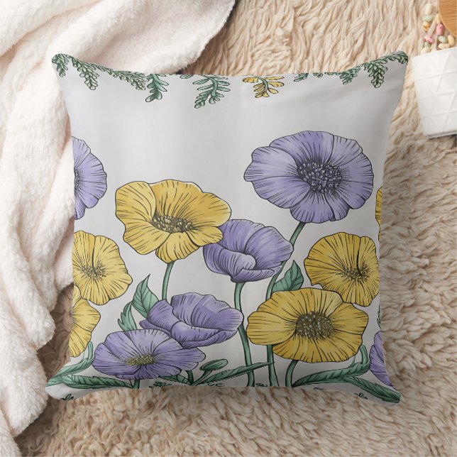 Coussin Botanical Floral Pillowcase – Purple & Yellow Hand (Couverture)