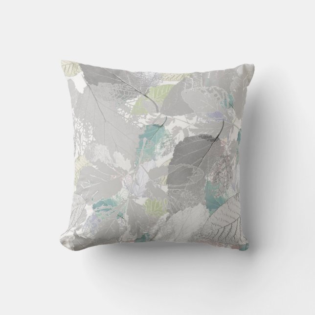 Coussin Botanical, grey, leaves, white and grey, turquoise (Recto)