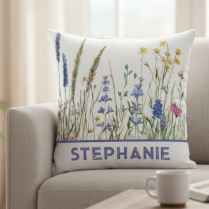 Coussin Botanique aquarelle de prairie de fleurs sauvages