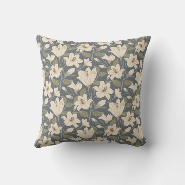 Coussin Botanique Bleu Gris Beige Lily Motif Floral (Verso)