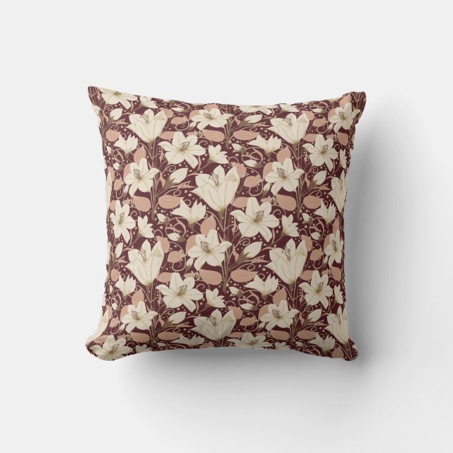 Coussin Botanique Bourgogne Rouge Beige Lily Floral (Recto)