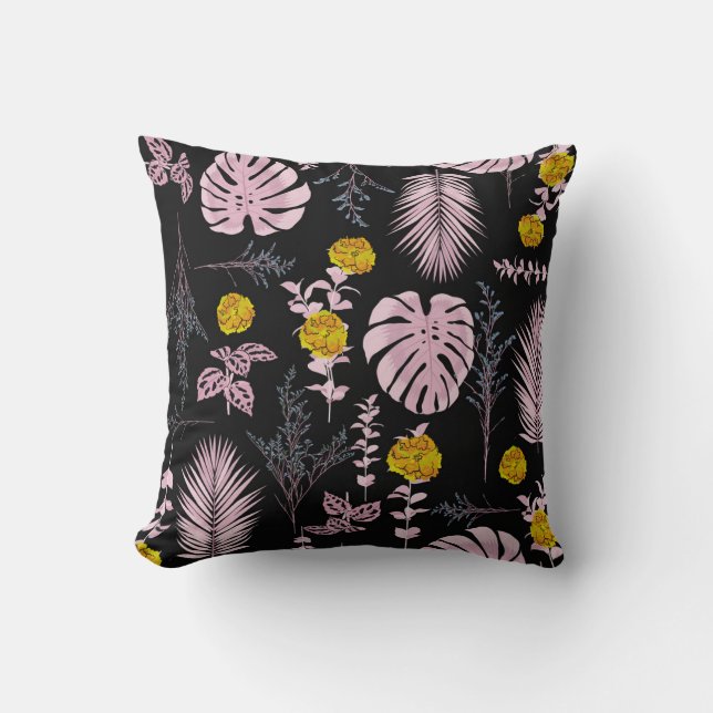 Coussin Botanique foncé, fleurs feuille motif. (Recto)