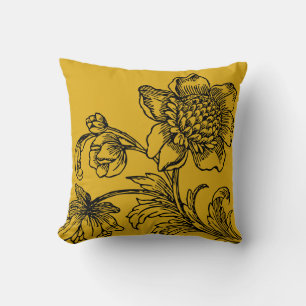 Coussin Botanique jaune moutarde   Fleurs en fleurs