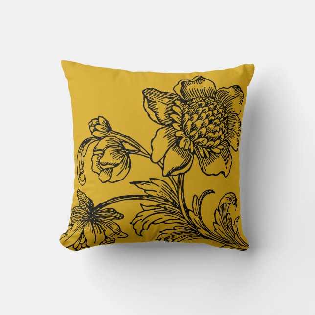Coussin Botanique jaune moutarde | Fleurs en fleurs (Recto)