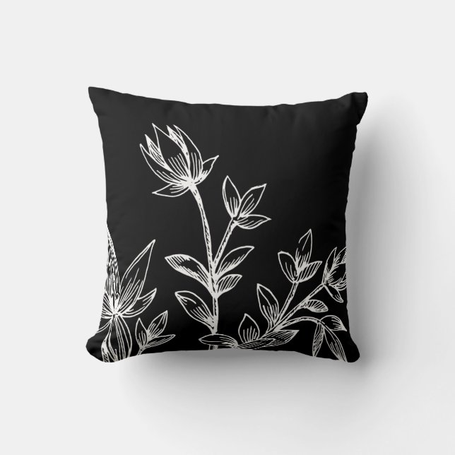 Coussin Botanique noir et blanc | Fleurs Rhatany (Recto)