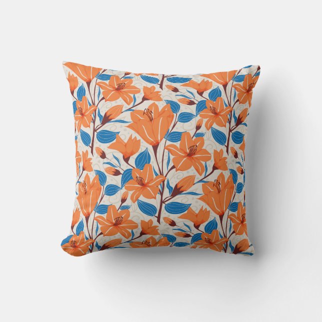Coussin Botanique Orange Bleu Lily Motif Floral (Recto)