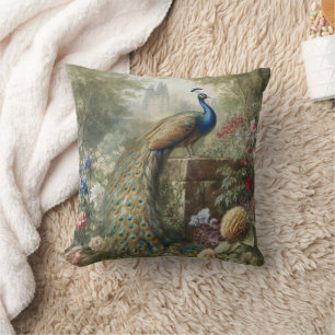 Coussin Botanique : paon près du château dans le jardin an