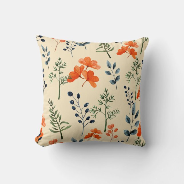 Coussin Botaniques en floraison Orange Floral Vert Branche (Recto)