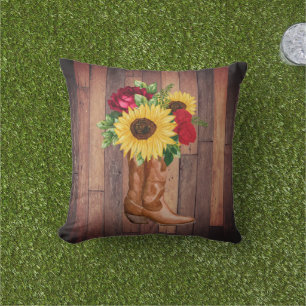 Coussin Botte de chaume en bois rustique tournesols Roses