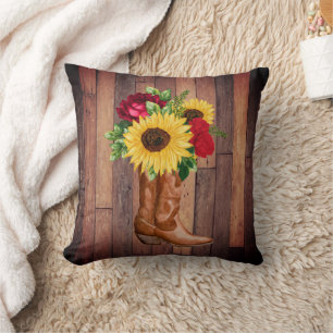 Coussin Bottes de cowgirl en bois rustique tournesols rose
