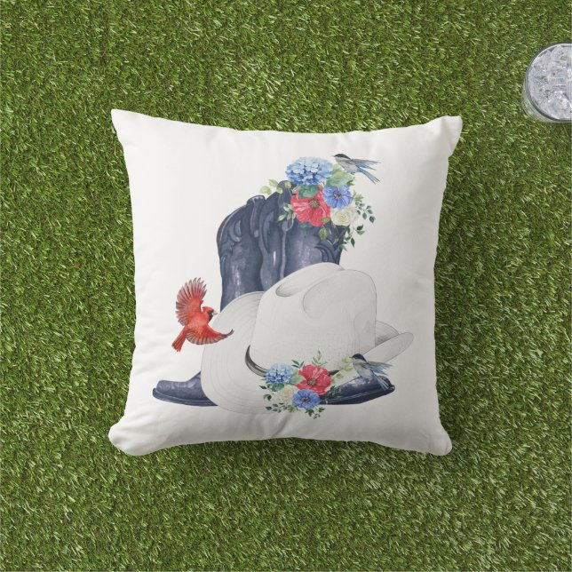 Coussin Bottes/Peluche de cow-boy & Fleurs/Oiseaux (Herbe)