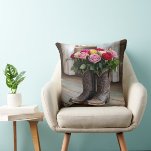 Coussin Bottes rustiques Cowboy avec fleurs - Pays Occiden