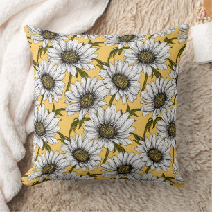 Coussin Bouches blanches, fleurs sauvages sur jaune