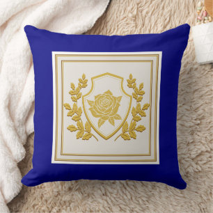 Coussin Bouclier de crête de rose bleue royale et or éléga
