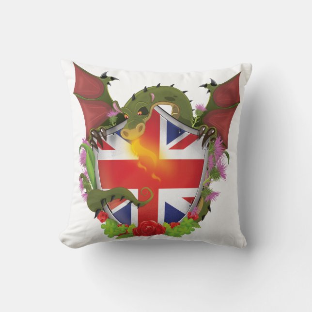 Coussin Bouclier Union Jack britannique et Dragon (Recto)