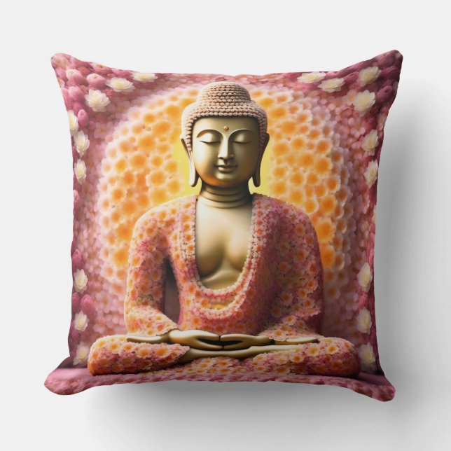 Coussin Bouddha de fleurs roses méditant (Recto)