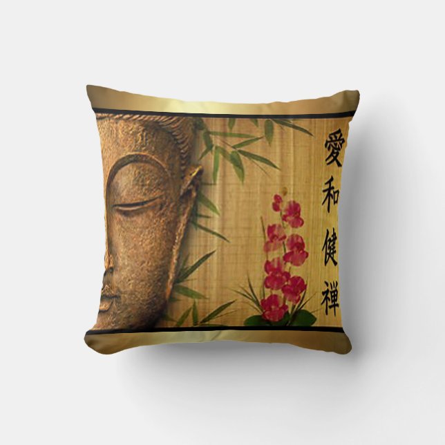 Coussin Bouddha vert Feuilles et fleurs rouges (Recto)
