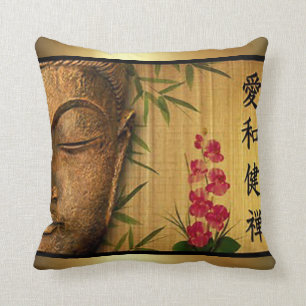 Coussin Bouddha vert Feuilles et fleurs rouges