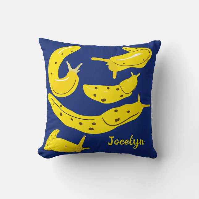 Coussin Boues de banane jaune sur bleu royal Personnalisé (Recto)
