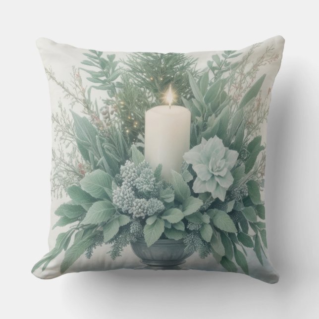 Coussin Bougie de Noël aux tons verts doux (Recto)