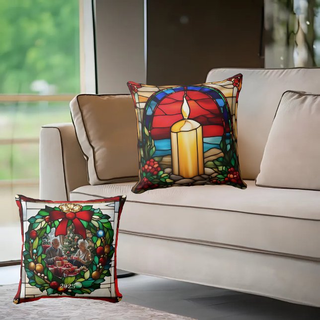 Coussin Bougie de Noël dorée Faux vitrail (Créateur téléchargé)
